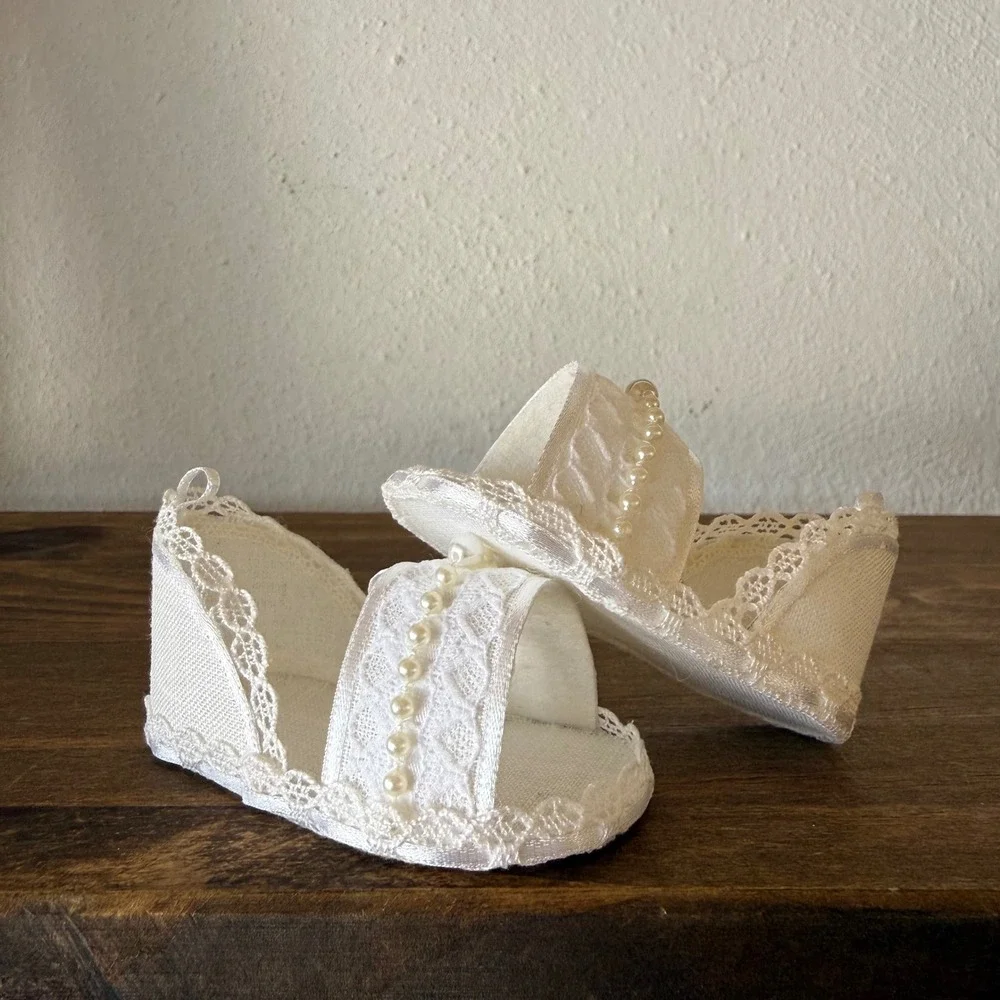 Baby Christening Baptism Shoes Headband Set White Lace Pearl Newborn Doll